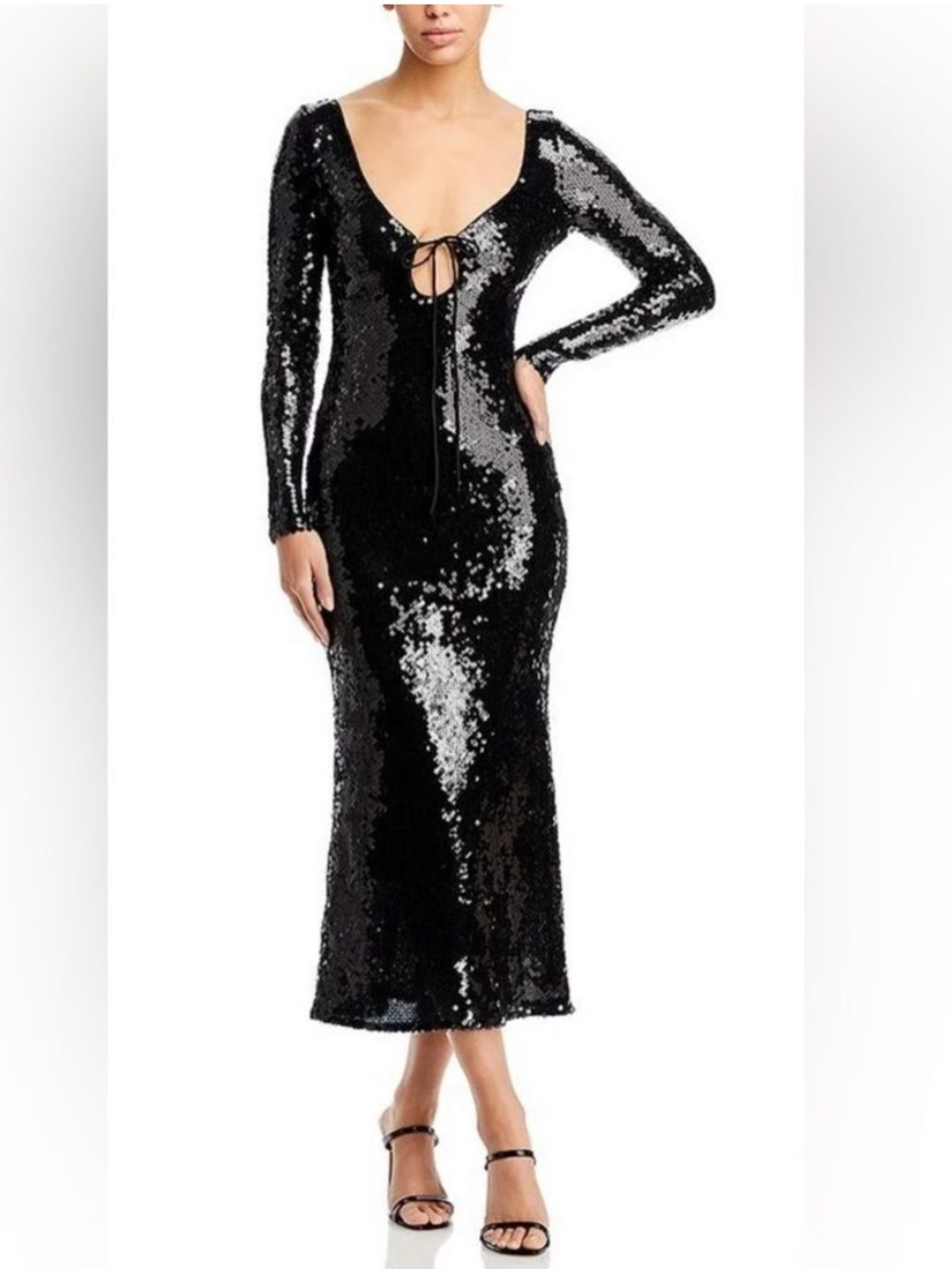 NWT Bardot Black Sequin Long-Sleeve Verona Dress with Front and Back Tie
